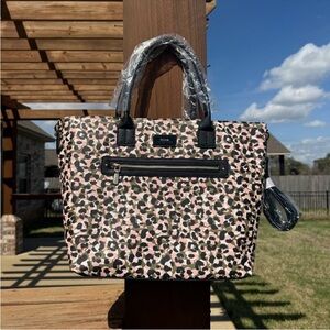 Trina Turk Pink Leopard Print Tote with Black Trim